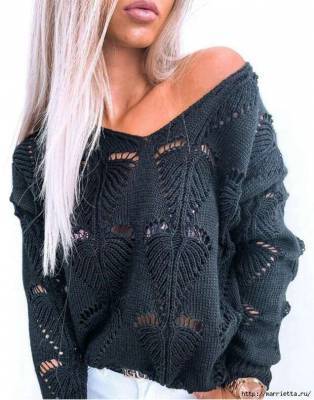 Пуловер спицами ажурным узором «Листик» — модный тренд сезона - milayaya.ru
