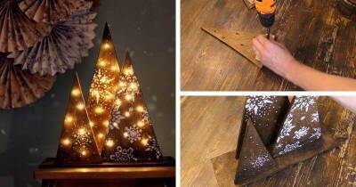 Из простой деревяшки и гирлянды можно сделать красивую новогоднюю композицию «Светящиеся ёлочки» - lifehelper.one