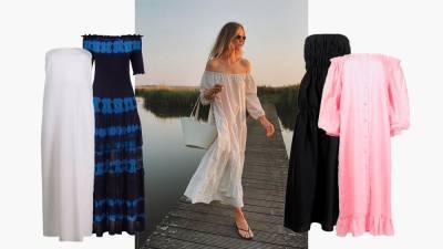 Платье с открытыми плечами — самое женственное решение для летних прогулок и свиданий - vogue.ru